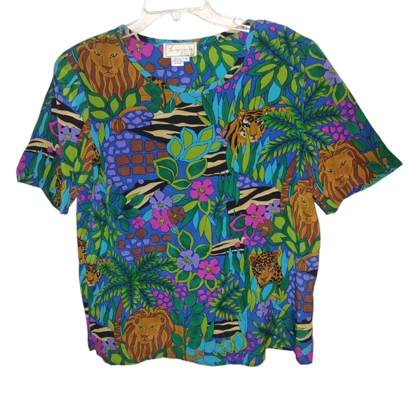 🐅 Vintage Lion and cubs tropical print top by Spenser Jeremy - Picture 1 of 8